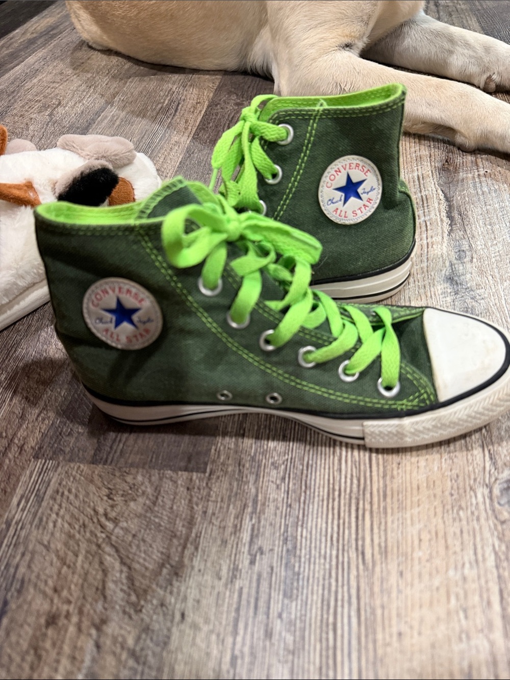 Converse Olive Green High Top Sneakers with Neon Green Laces - Picture 2 of 3